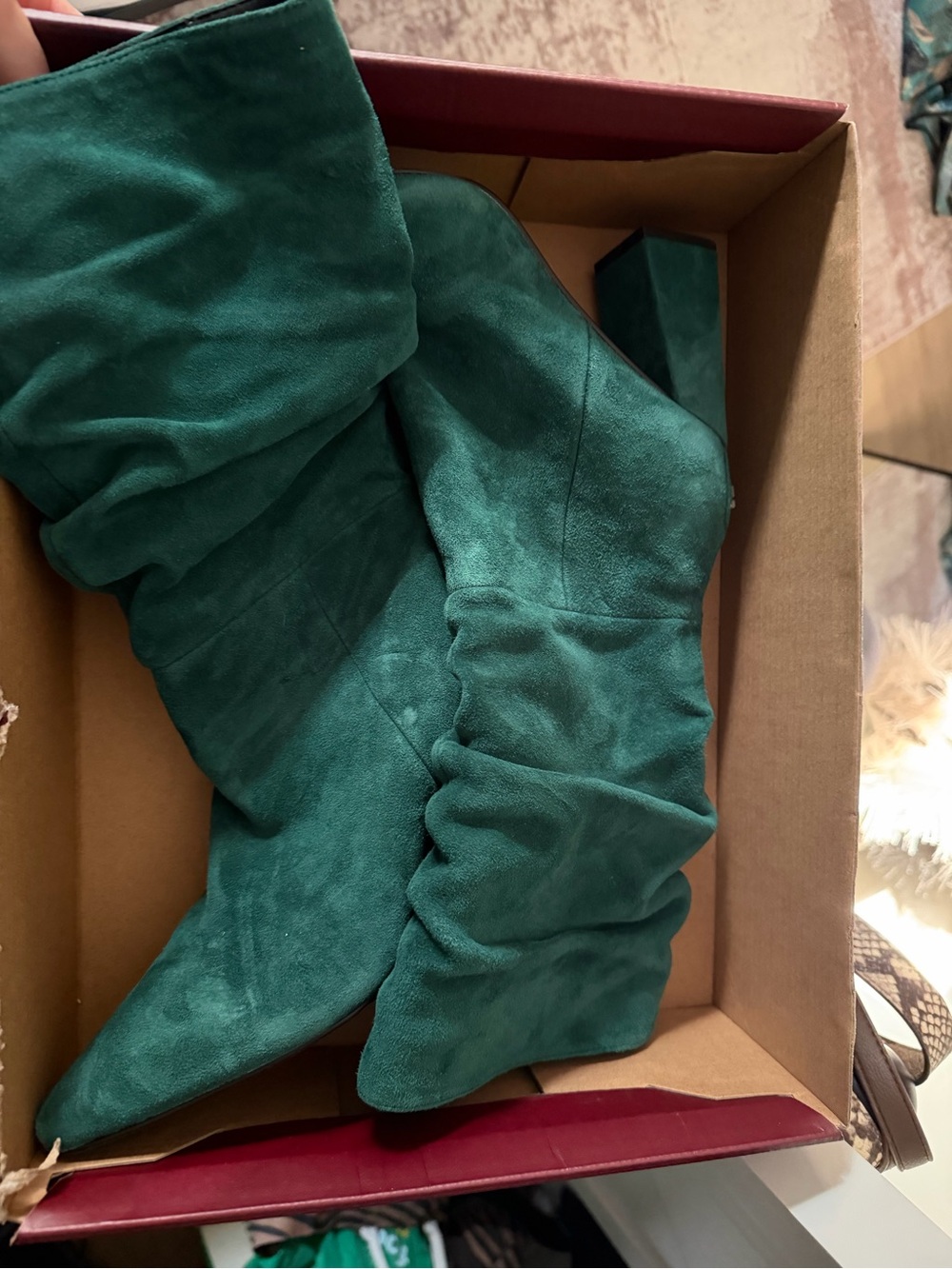 Guess Teal Suede Slouch Block Heel Boots
